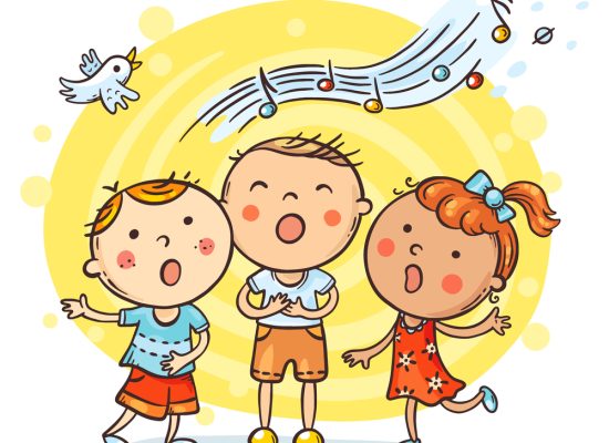Kids singing together, variant with cartoon hands, colorful vector illustration