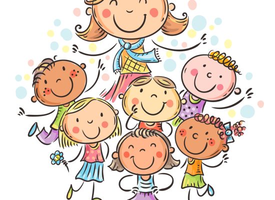 Happy schoolkids with their teacher, school or kindergarten illustration. Colorful vector file