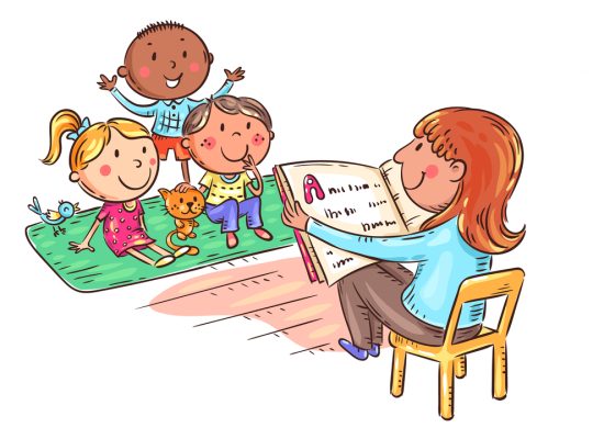 Teacher reading to kids in the kindergarten, cartoon vector illustration